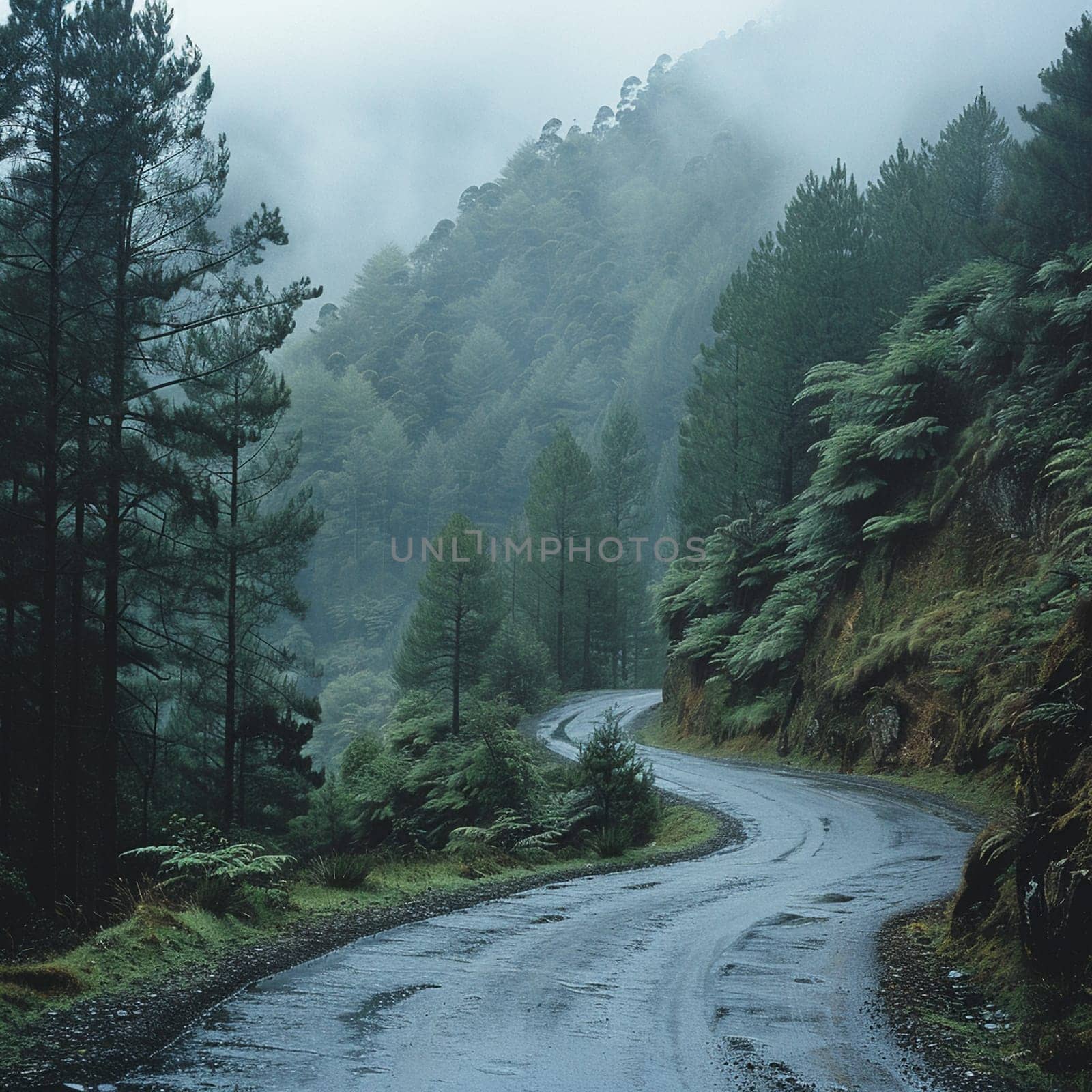 Foggy mountain road, evoking mystery and travel.