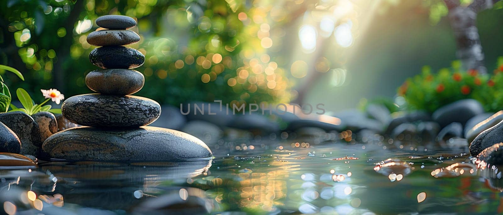 Zen stones stacked by a tranquil pond, promoting peace and meditation