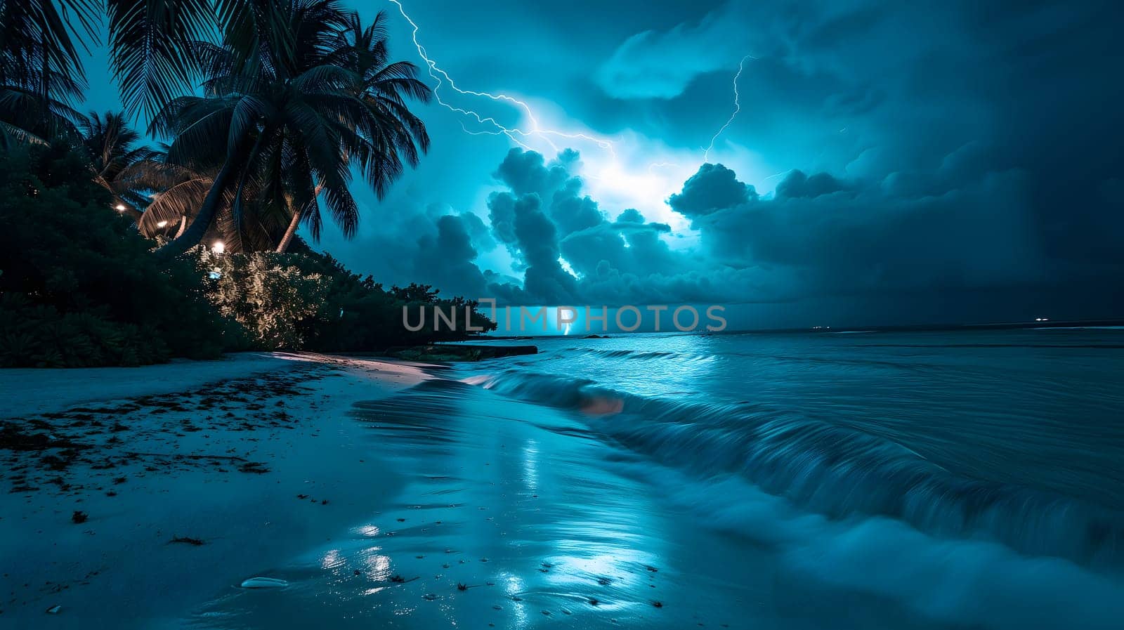 tropical beach view at cloudy stormy night with white sand, turquoise water and palm trees, neural network generated image by z1b