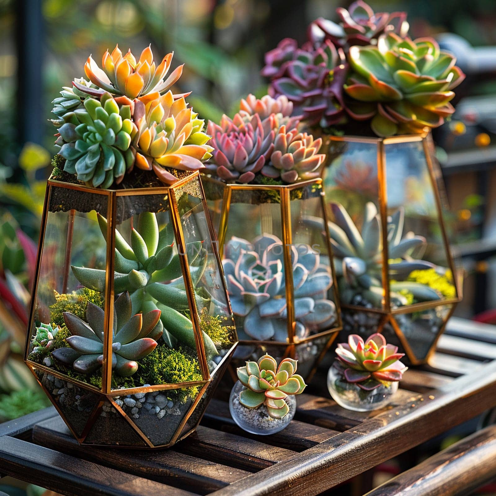 Collection of succulents in geometric terrariums, showcasing modern home decor.
