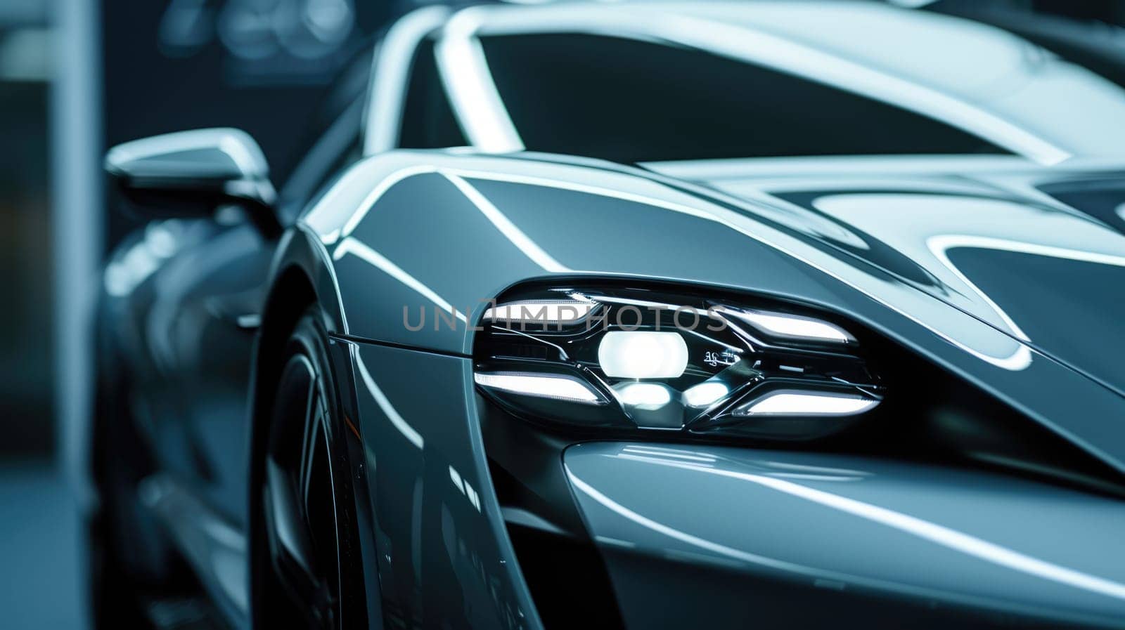 A close-up of a sleek black luxury sports car's headlight, showcased in the reflective ambiance of a premium car showroom. AIG41