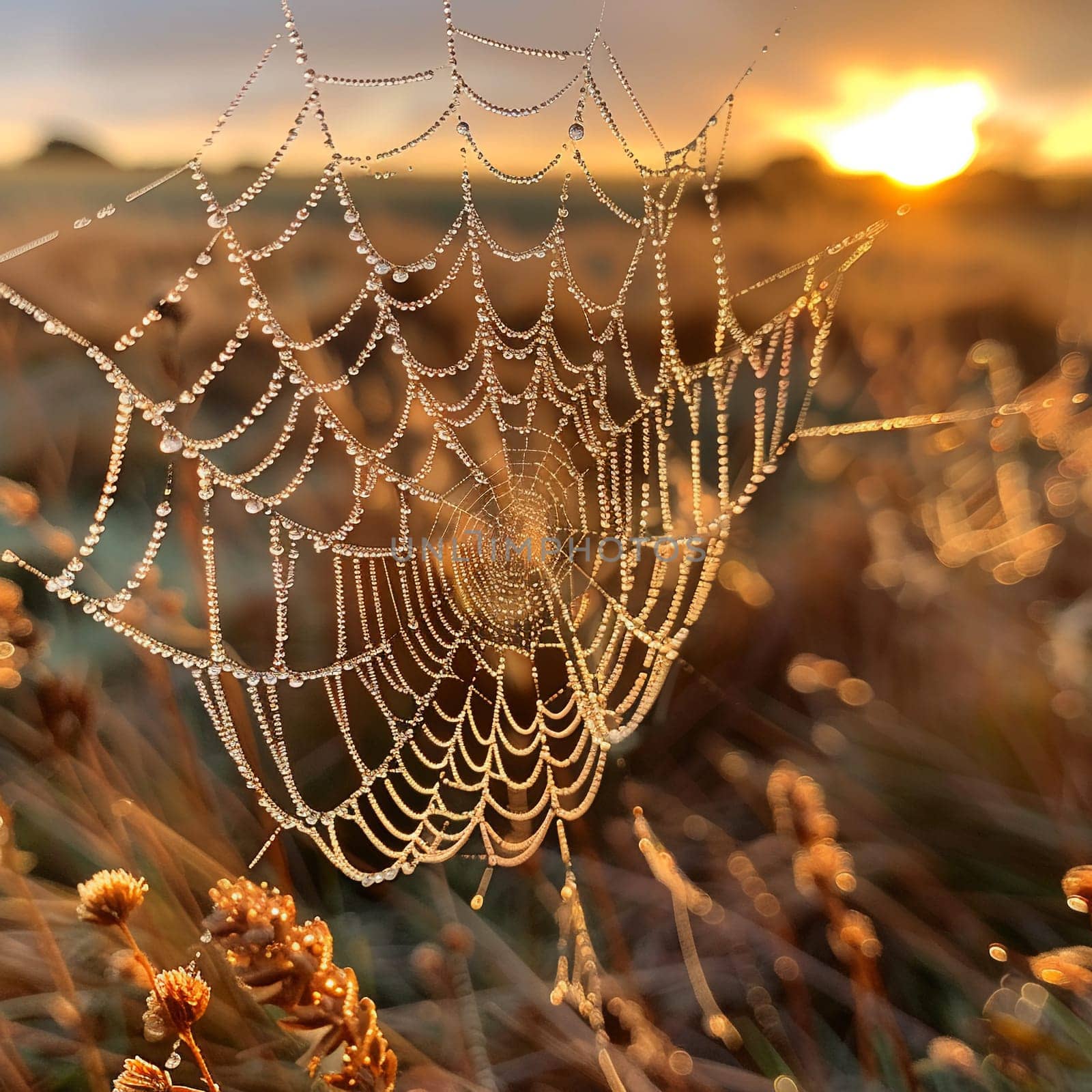 Perfectly round dew drops on spider webs, showcasing natural precision.