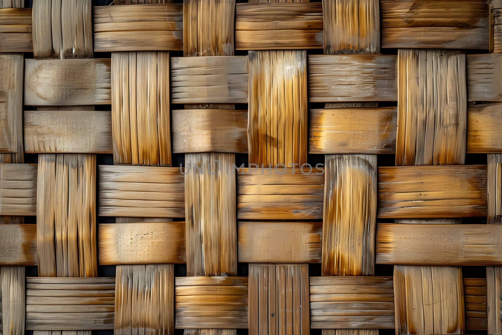 Flat full-frame seamless texture of wicker bamboo wall. Neural network generated image. Not based on any actual scene or pattern.