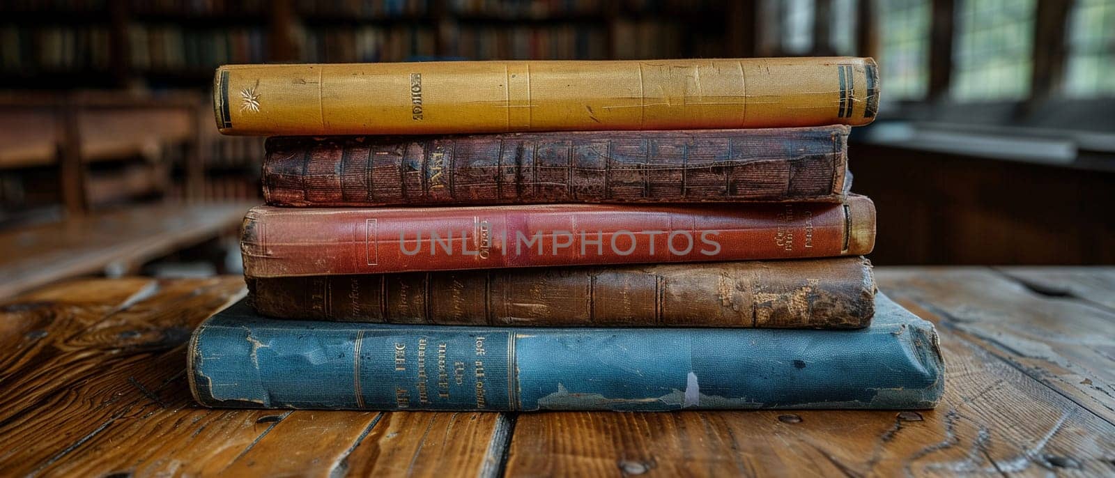 Collection of vintage books stacked on wooden table by Benzoix
