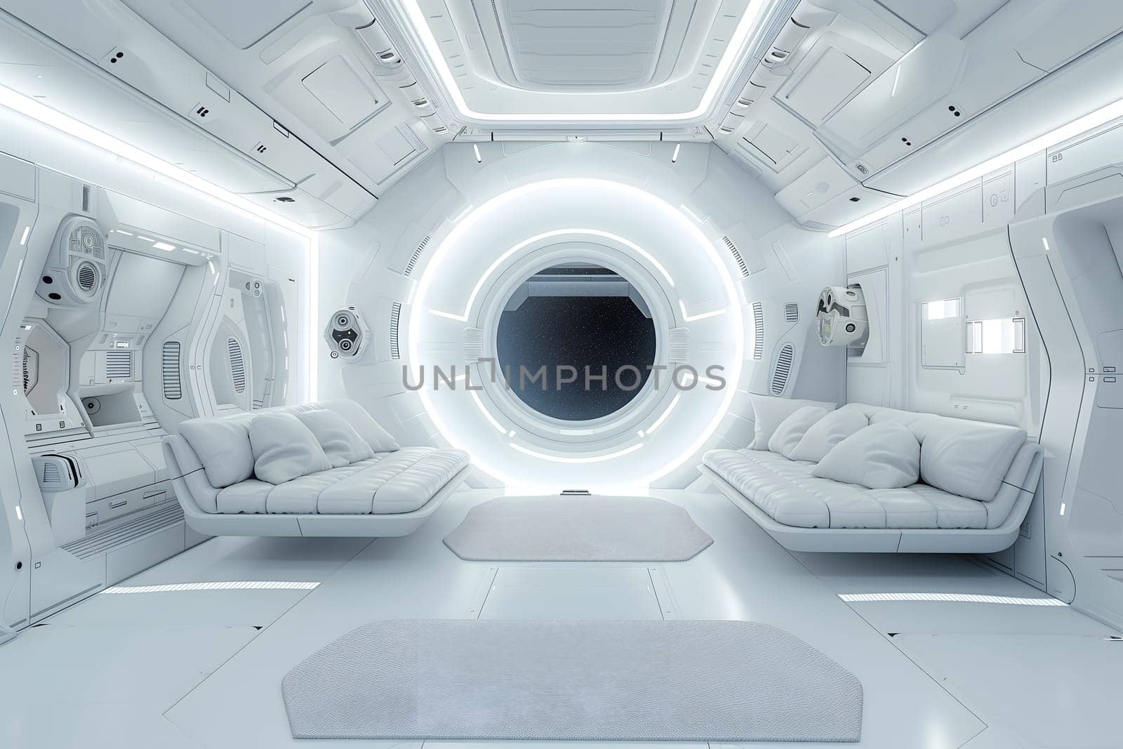 futuristic white space station style interior of living room by z1b