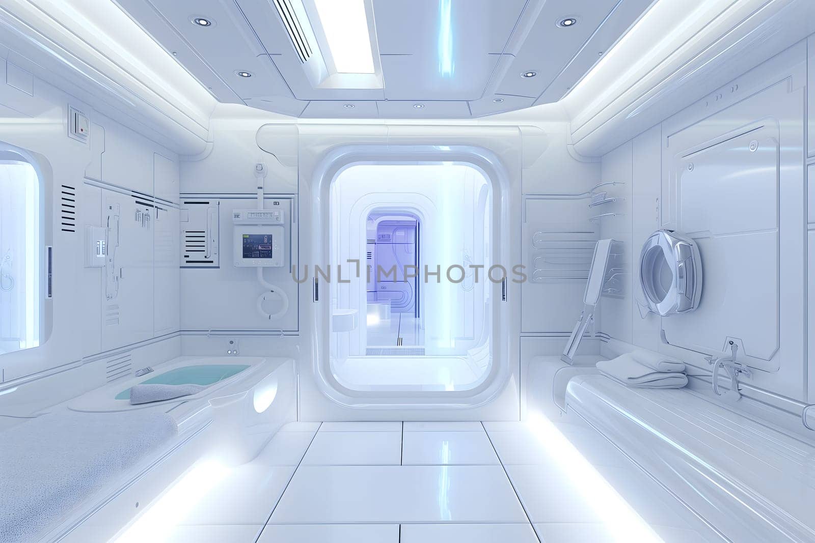 futuristic white space station style interior of bathroom by z1b