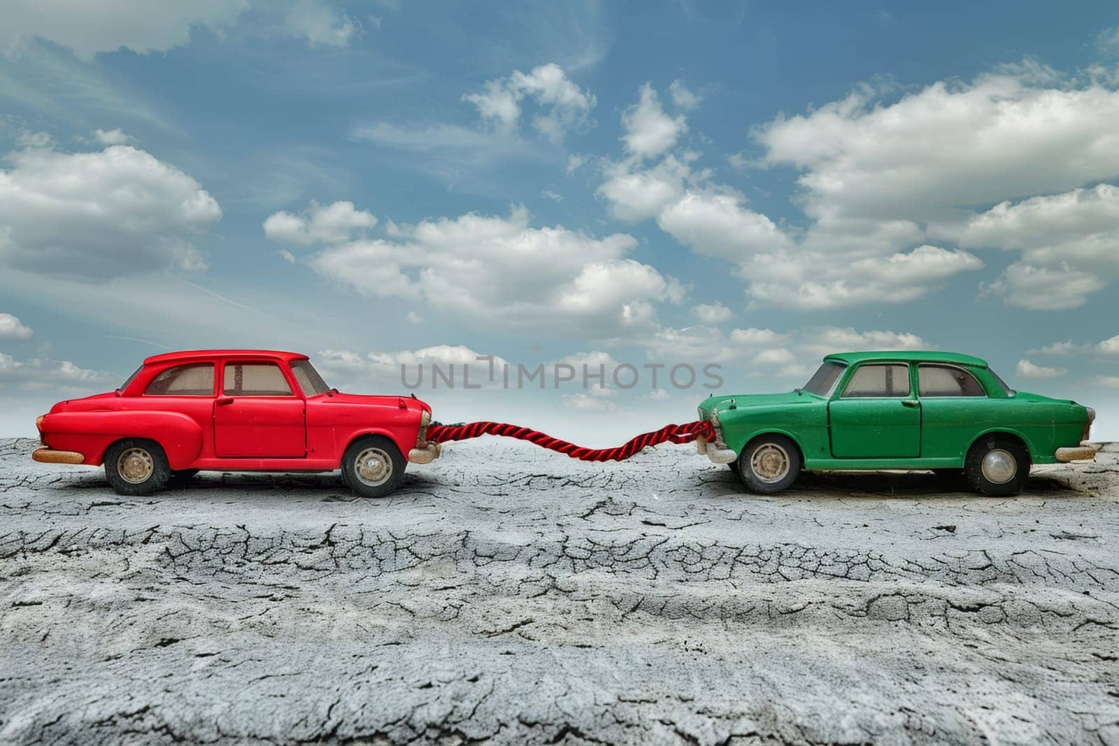 Two cars with a tow rope. Towing a car. 3d illustration.