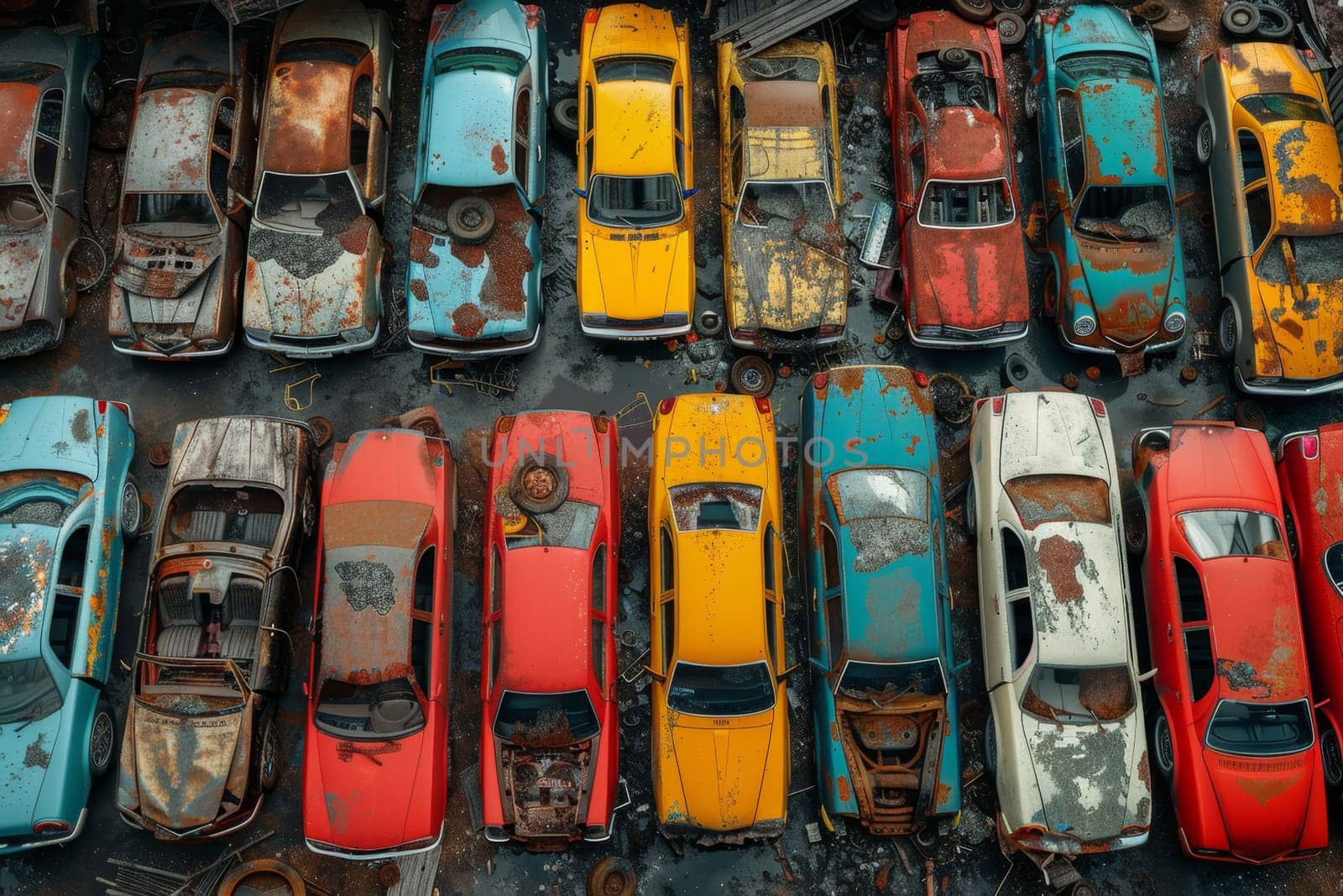 A bird's-eye view of abandoned multicolored old cars.