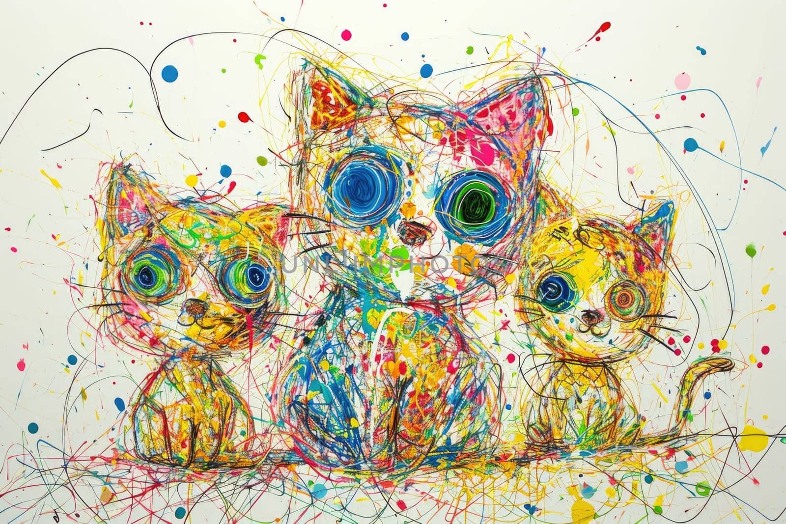 The hand drawing colourful picture of the group of the various type of the cat that has been drawn by the colored pencil or crayon on the white background that seem to be drawn by the child. AIGX01.