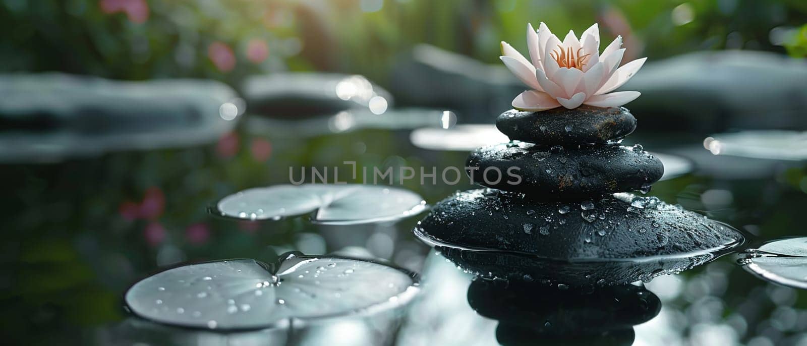 Zen stones stacked by a tranquil pond, promoting peace and meditation