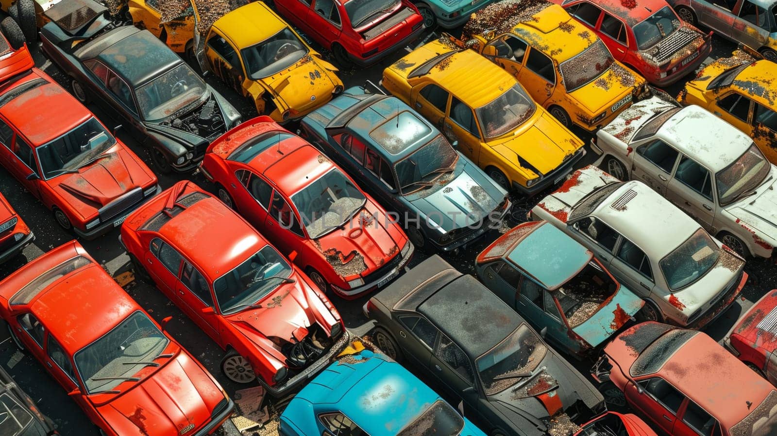 A bird's-eye view of abandoned multicolored old cars.