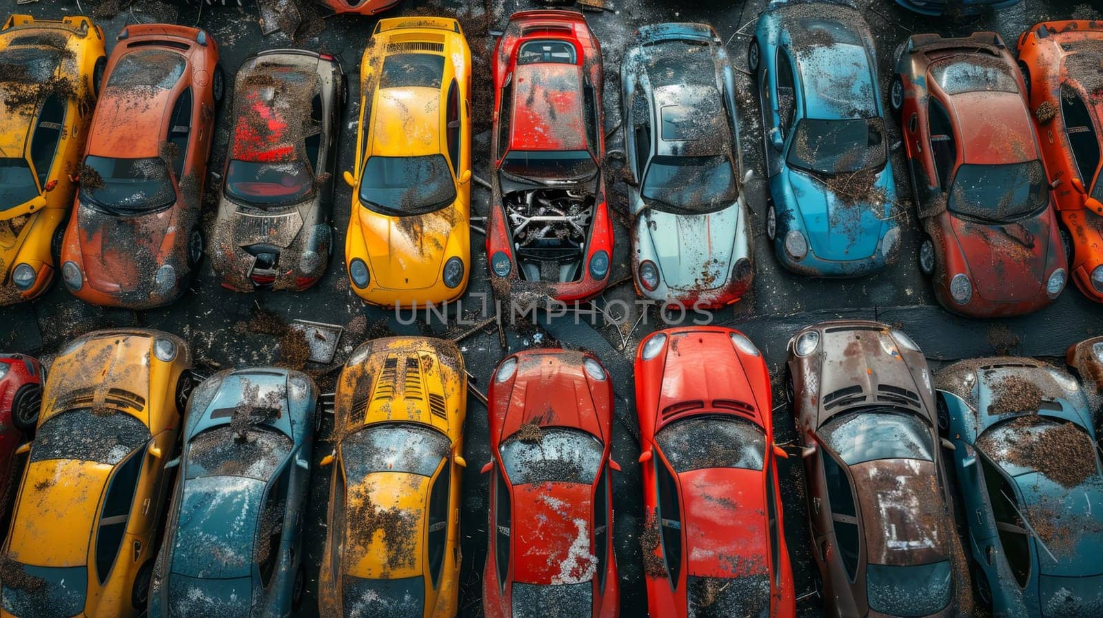 A bird's-eye view of abandoned multicolored old cars.