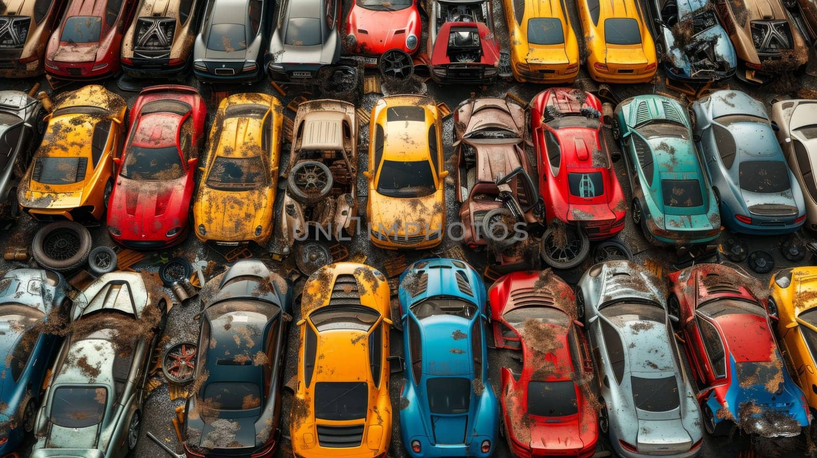 A bird's-eye view of abandoned multicolored old cars.