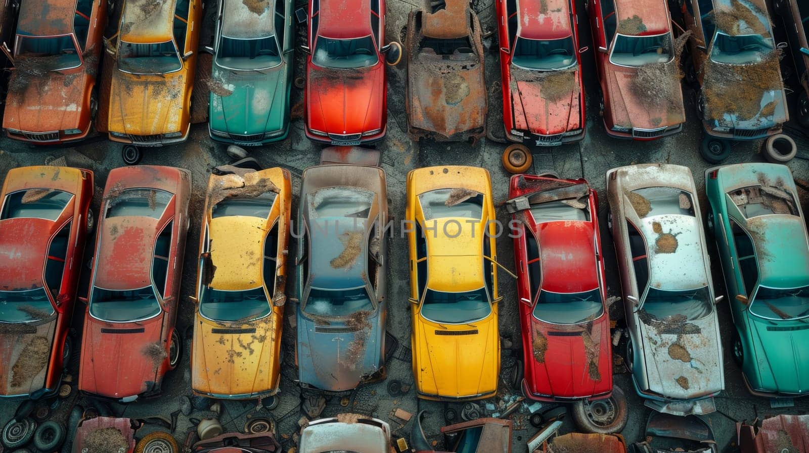 A bird's-eye view of abandoned multicolored old cars.