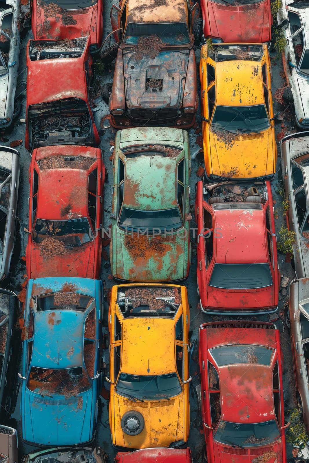 A bird's-eye view of abandoned multicolored old cars.