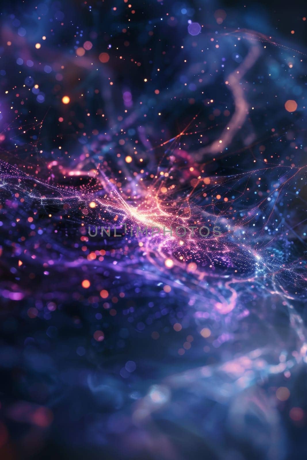 Neural cells with luminous communication nodes in an abstract dark space, 3D illustration by Lobachad