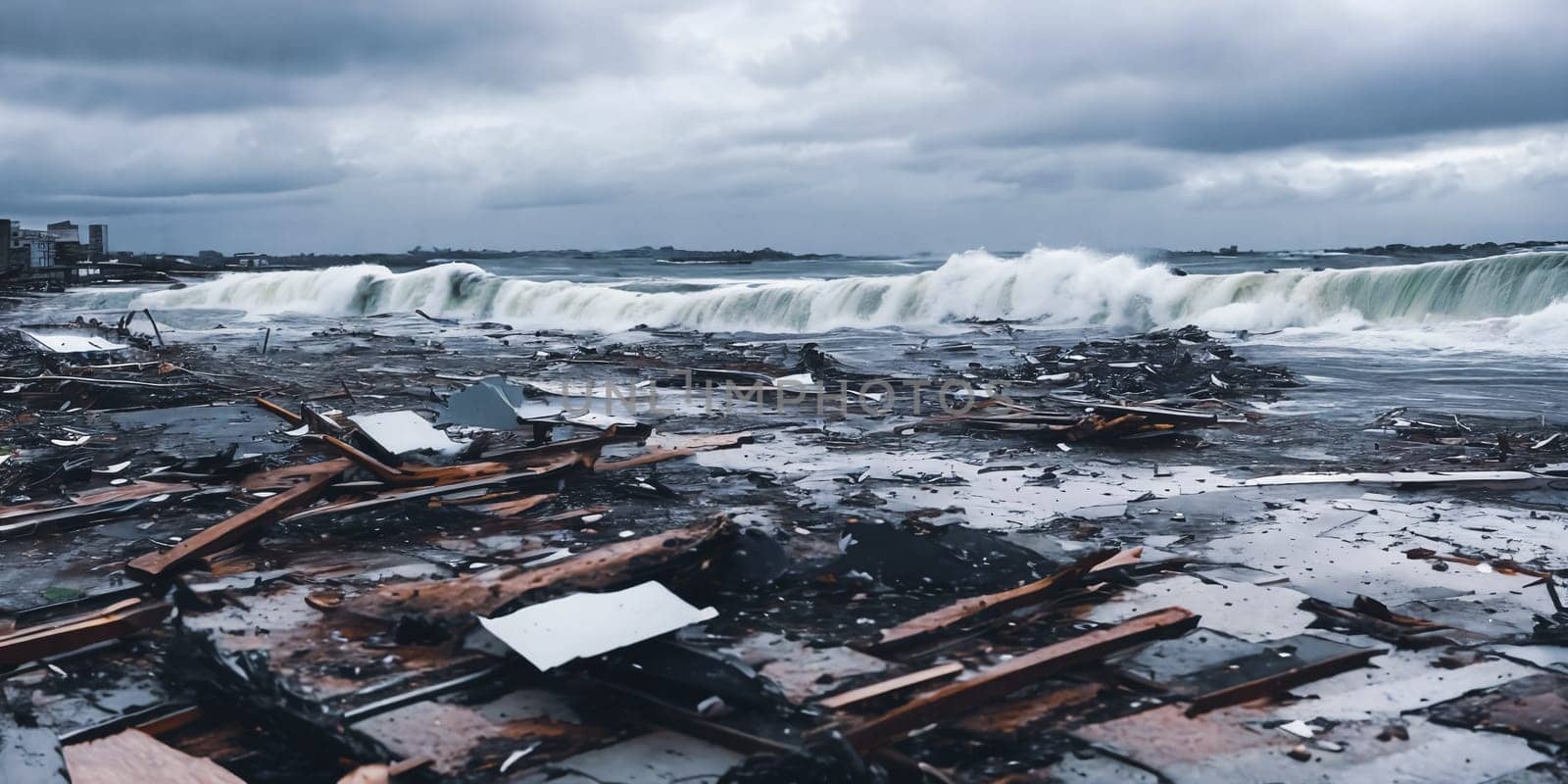 The aftermath of a powerful tsunami with debris scattered across a coastal area, emphasizing the sheer scale of destruction caused by the relentless waves. Panorama