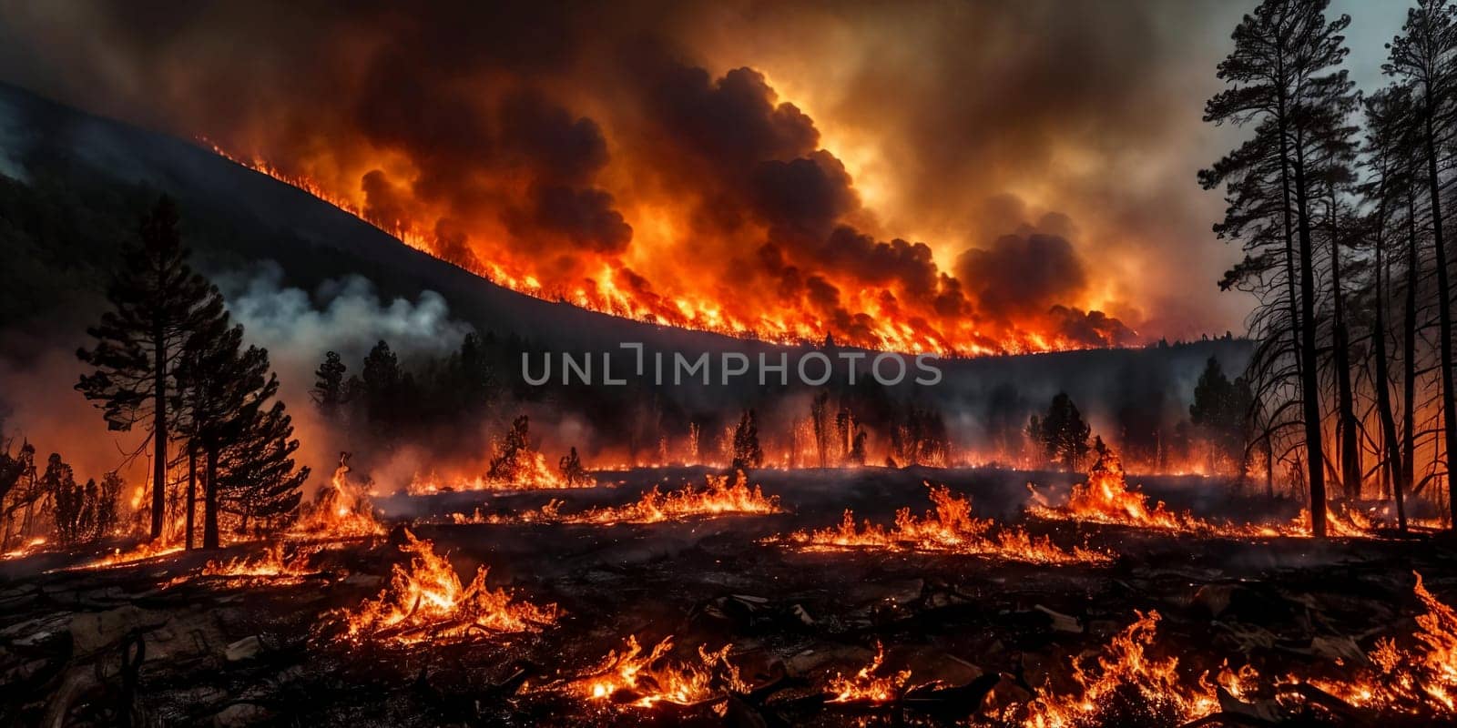 The intensity of a raging wildfire as it engulfs a forest in flames, capturing the spectacle of fiery embers and billowing smoke against a darkened sky. Panorama