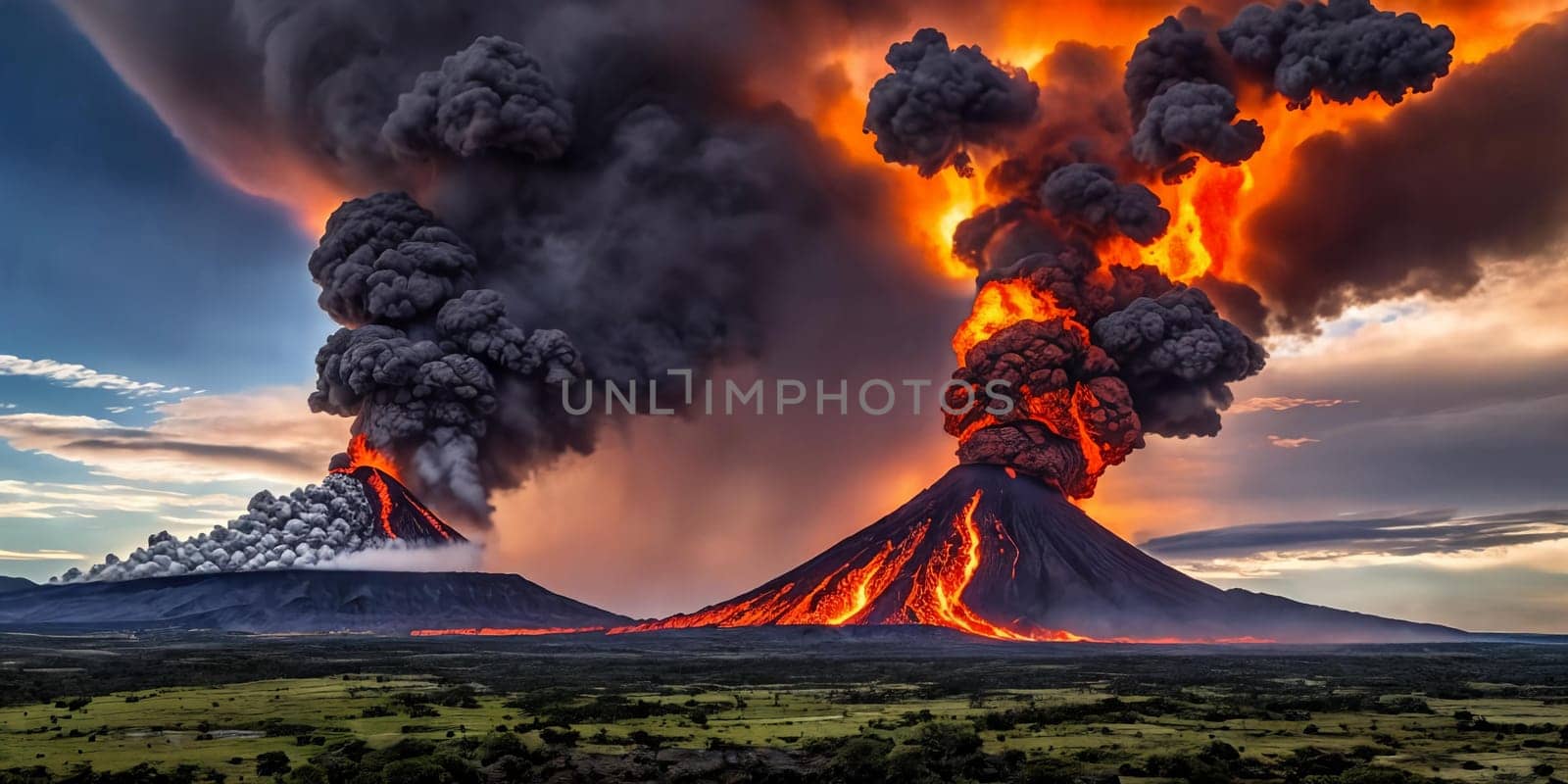 The dramatic eruption of a volcano, emphasizing the fiery lava spewing from the crater and the ash cloud billowing into the sky, showcasing the volatile beauty of nature's fury. Panorama