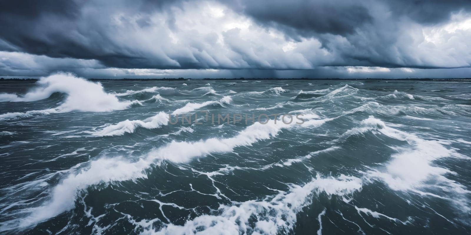 The power of a destructive hurricane by capturing the immense storm surge flooding coastal areas, showcasing the relentless force of nature's wrath. Panorama