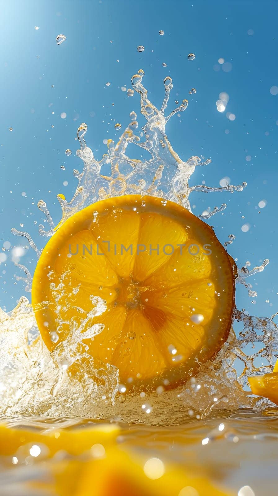 A vibrant lemon slice falls into clear water, creating a dynamic splash, with droplets illuminated by bright sunlight against a clear blue sky - Generative AI