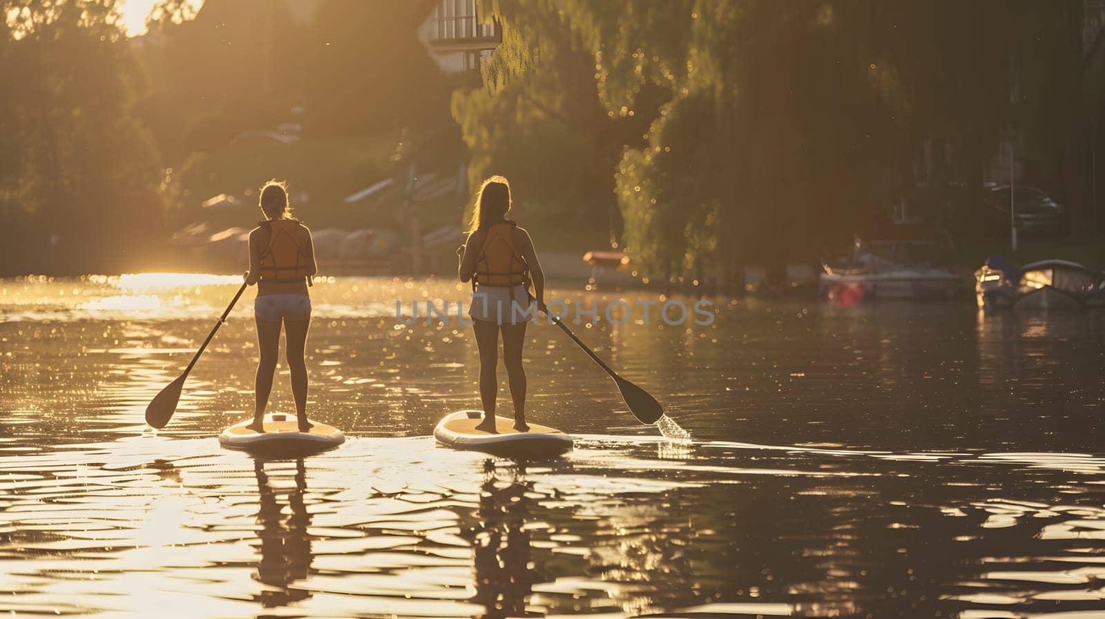 Two women paddle boarding on a peaceful lake surrounded by a stunning natural landscape of trees and water at sunset, enjoying leisure and recreation in the great outdoors