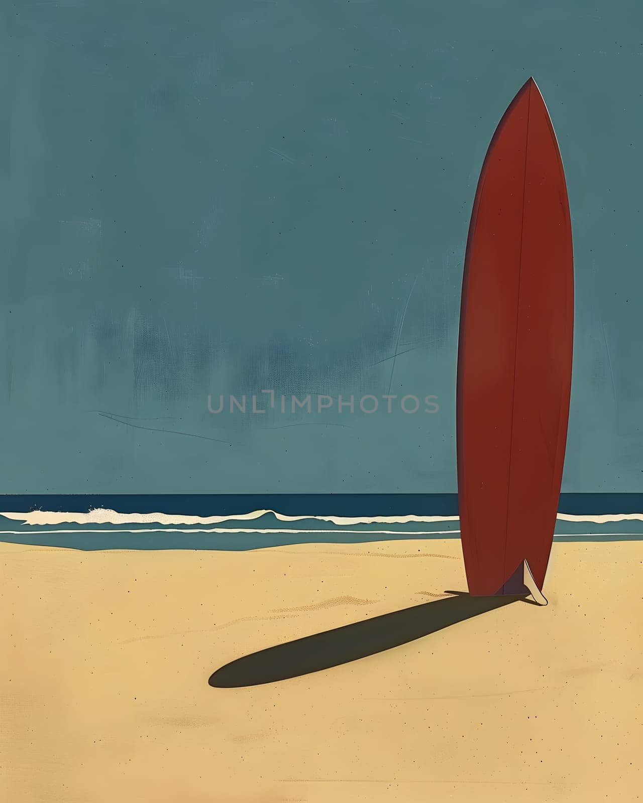 Red surfboard rests on sand by waters edge, under colorful sky by Nadtochiy
