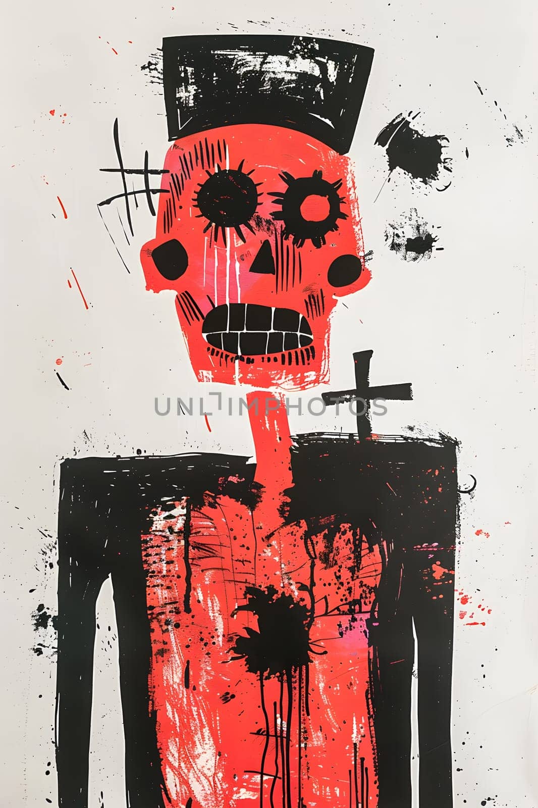 A painting of a fictional character with a skeleton sleeve and a cross on his chest. The illustration is done in a magenta fashion design font