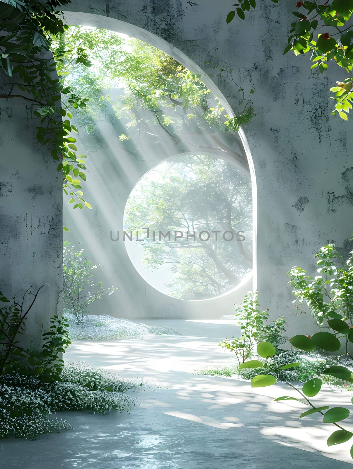 The sunlight filters through a circular window in the wall, illuminating a variety of terrestrial plants like grass, woody plants, and forests in the natural landscape