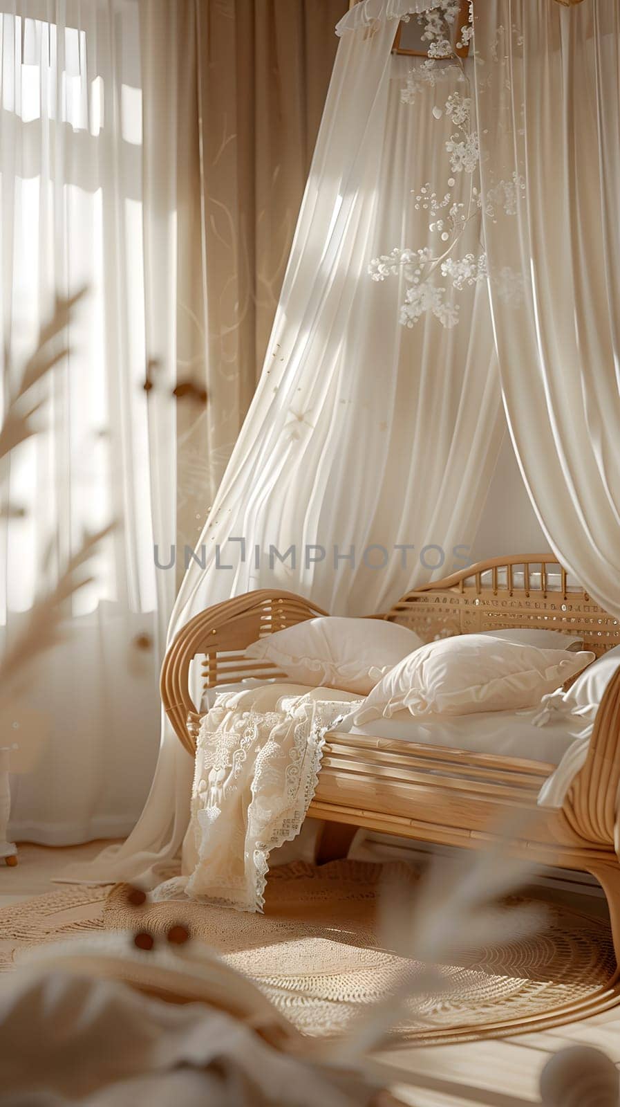 a bedroom with a wicker bed and a canopy over it by Nadtochiy