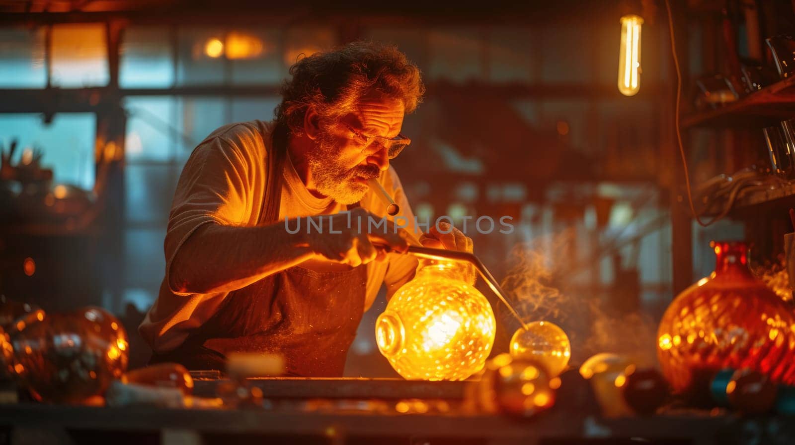 A man blowing glass near a fire, displaying his skill while heating the molten material. AIG41