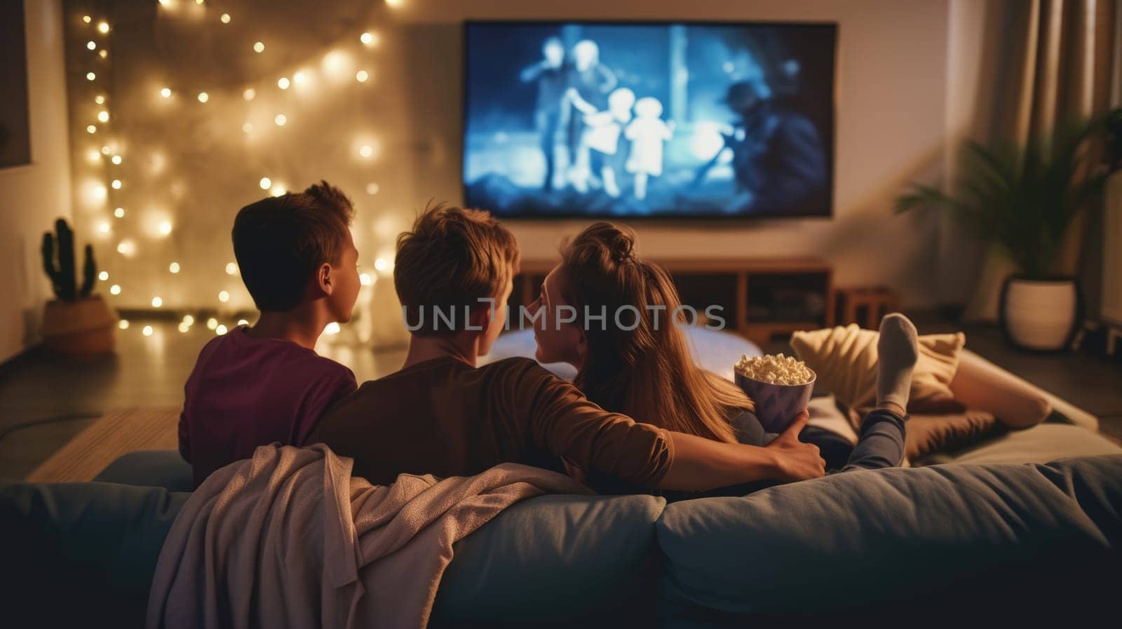 The family gathers in a dark room, sharing the fun and entertainment of watching a television program on a couch. AIG41