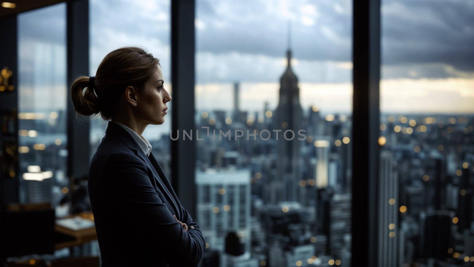 Businesswoman Contemplating the Cityscape at Dusk by chrisroll
