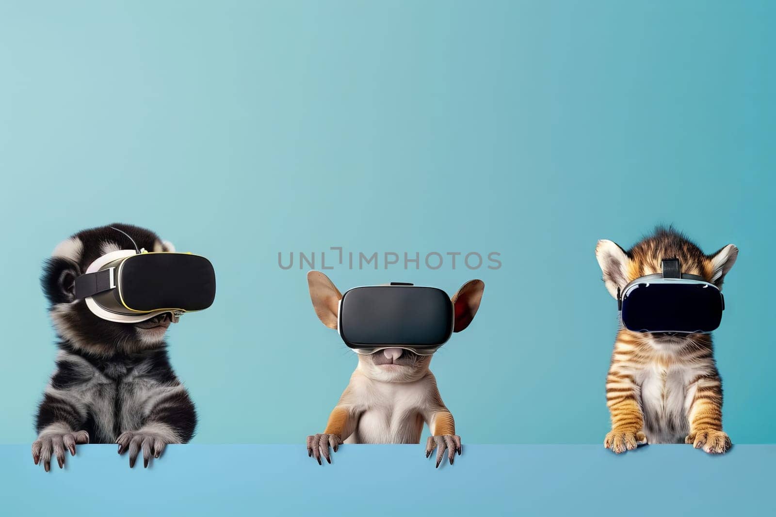 Three animals wearing virtual reality goggles. Generative AI by nateemee