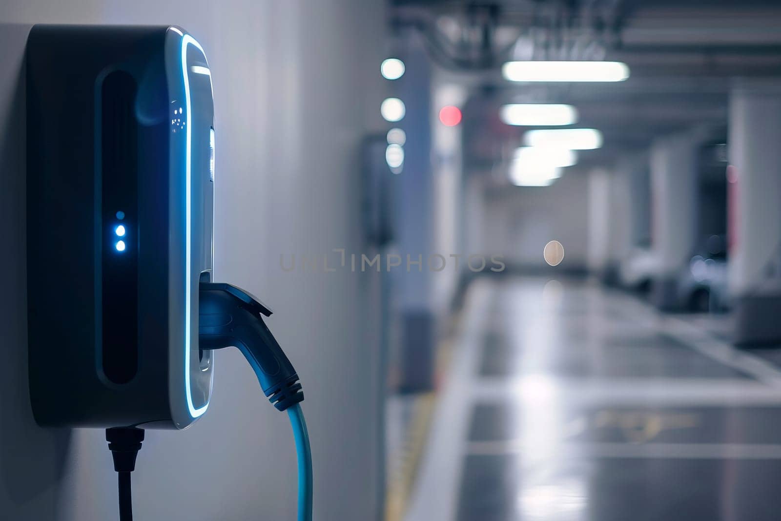 A charging station for electric cars is shown in a parking garage. Generative AI.