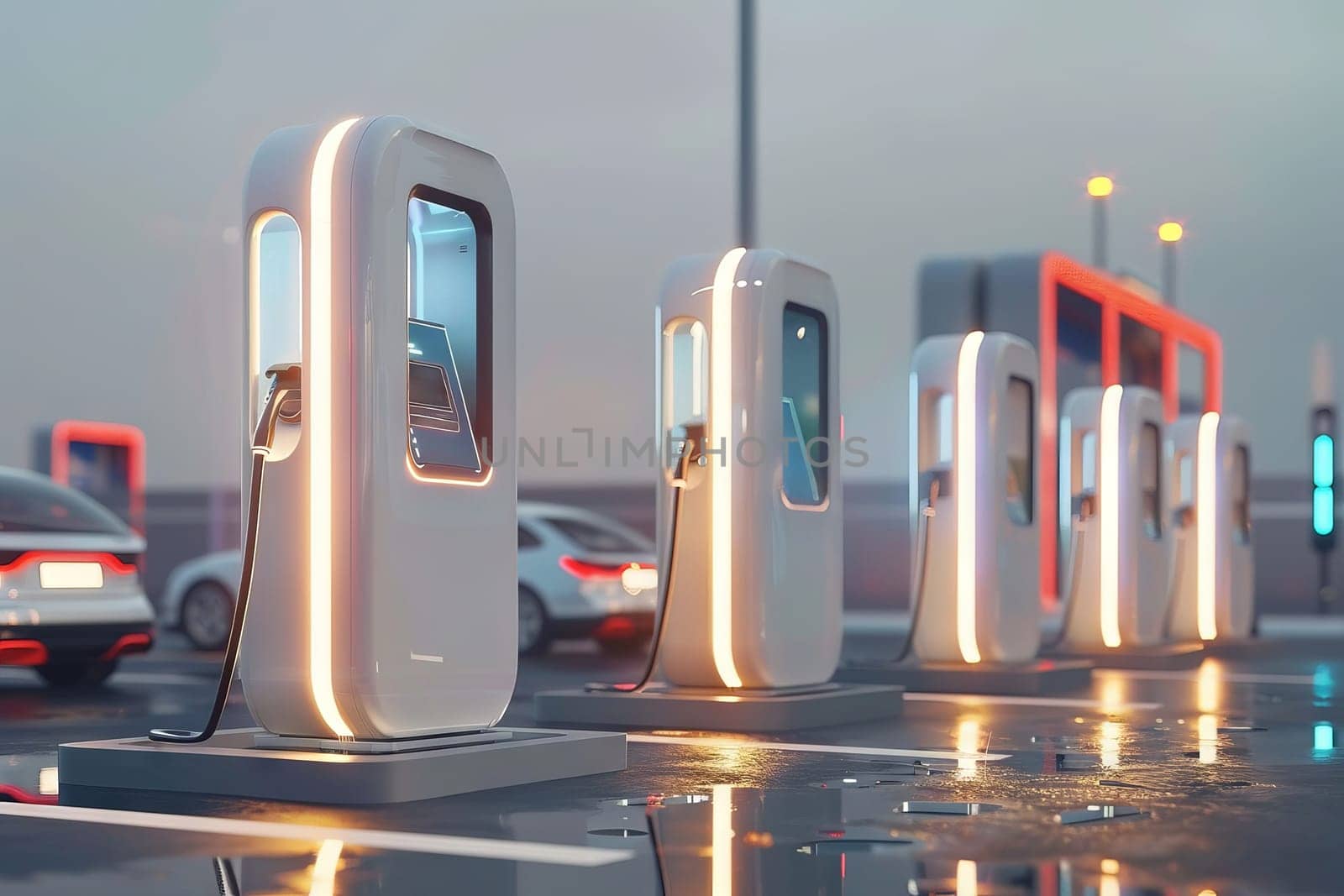 A row of electric car charging stations with a car in the foreground. Generative AI by nateemee