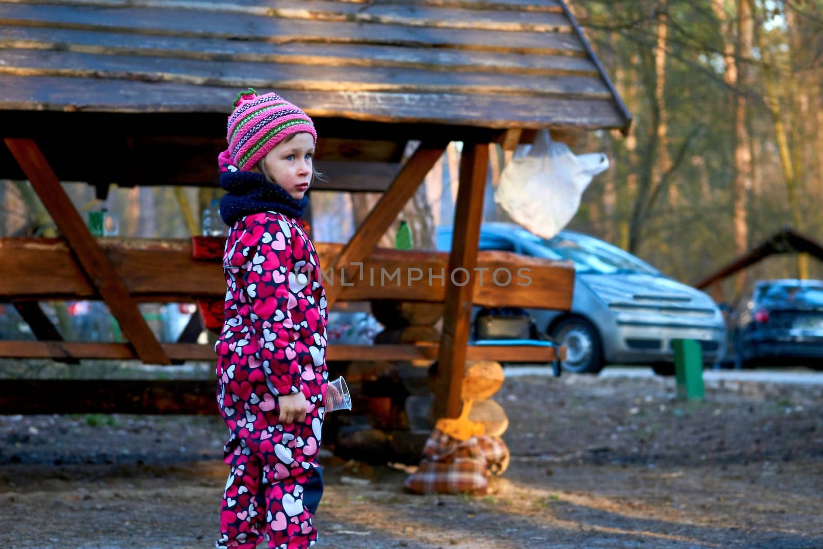 Preschool girl in red overalls at an autumn spring picnic by jovani68