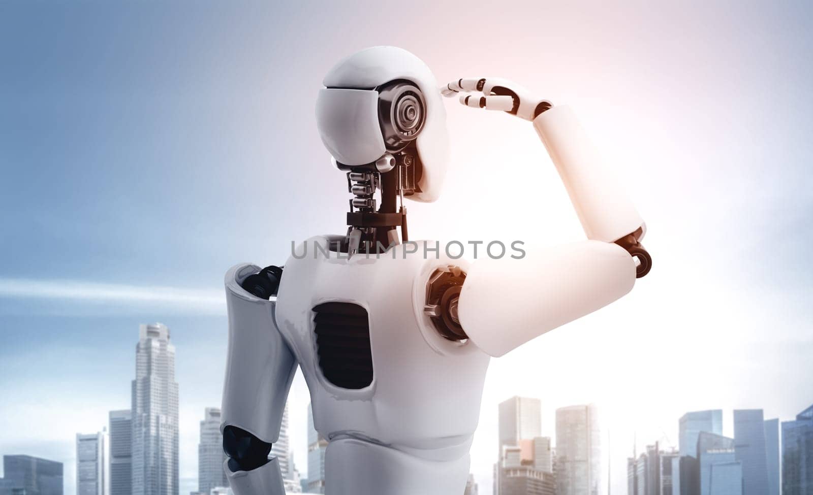 XAI 3d illustration 3D illustration robot humanoid looking forward against cityscape skyline. Concept of leadership, idea and vision for futuristic development of artificial intelligence AI.