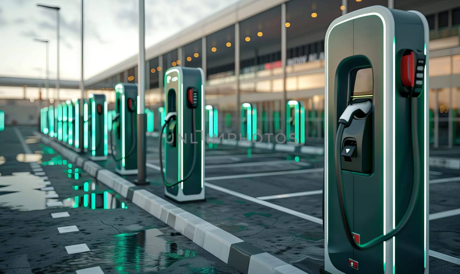 A row of electric car charging stations are lit up in the parking lot. Generative AI by nateemee