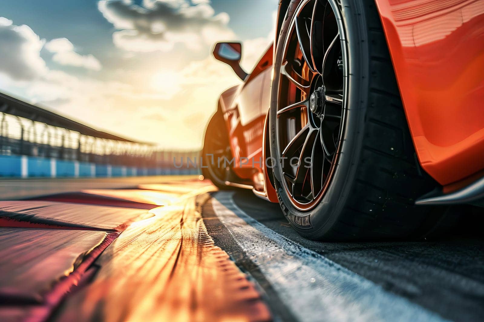 A close up of a car's tire on a racetrack. Generative AI.