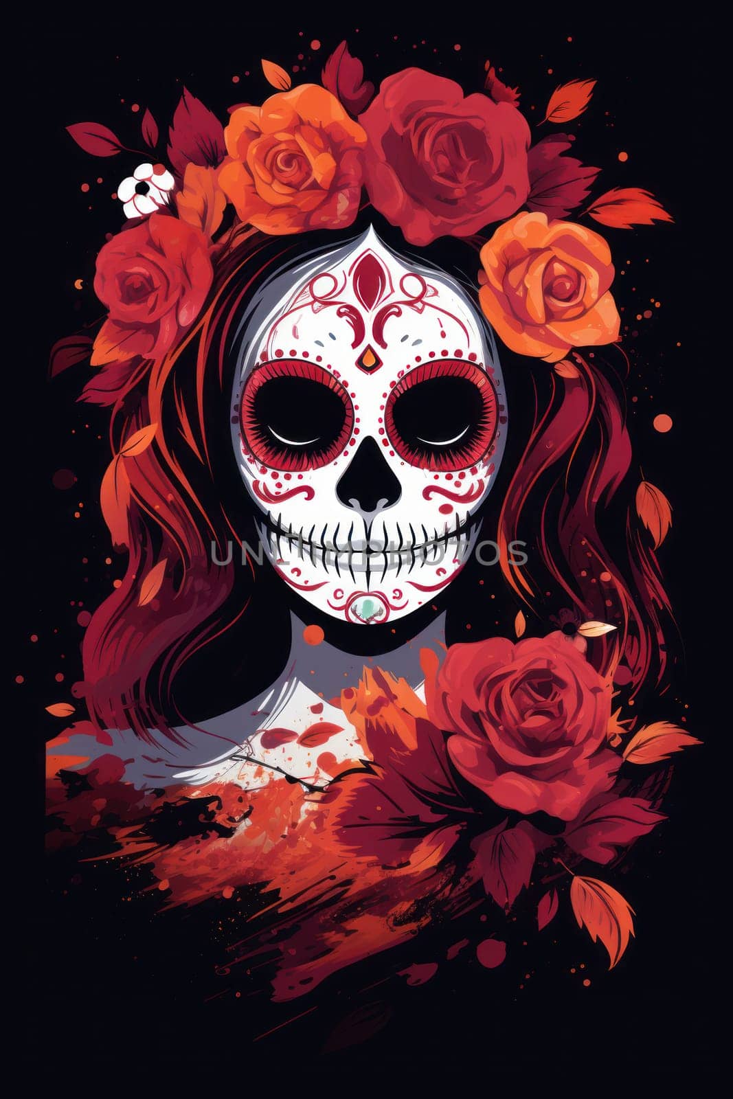 Dia de los muertos, Mexican holiday of the dead .Woman with sugar skull make up and flowers. Generative AI by matamnad