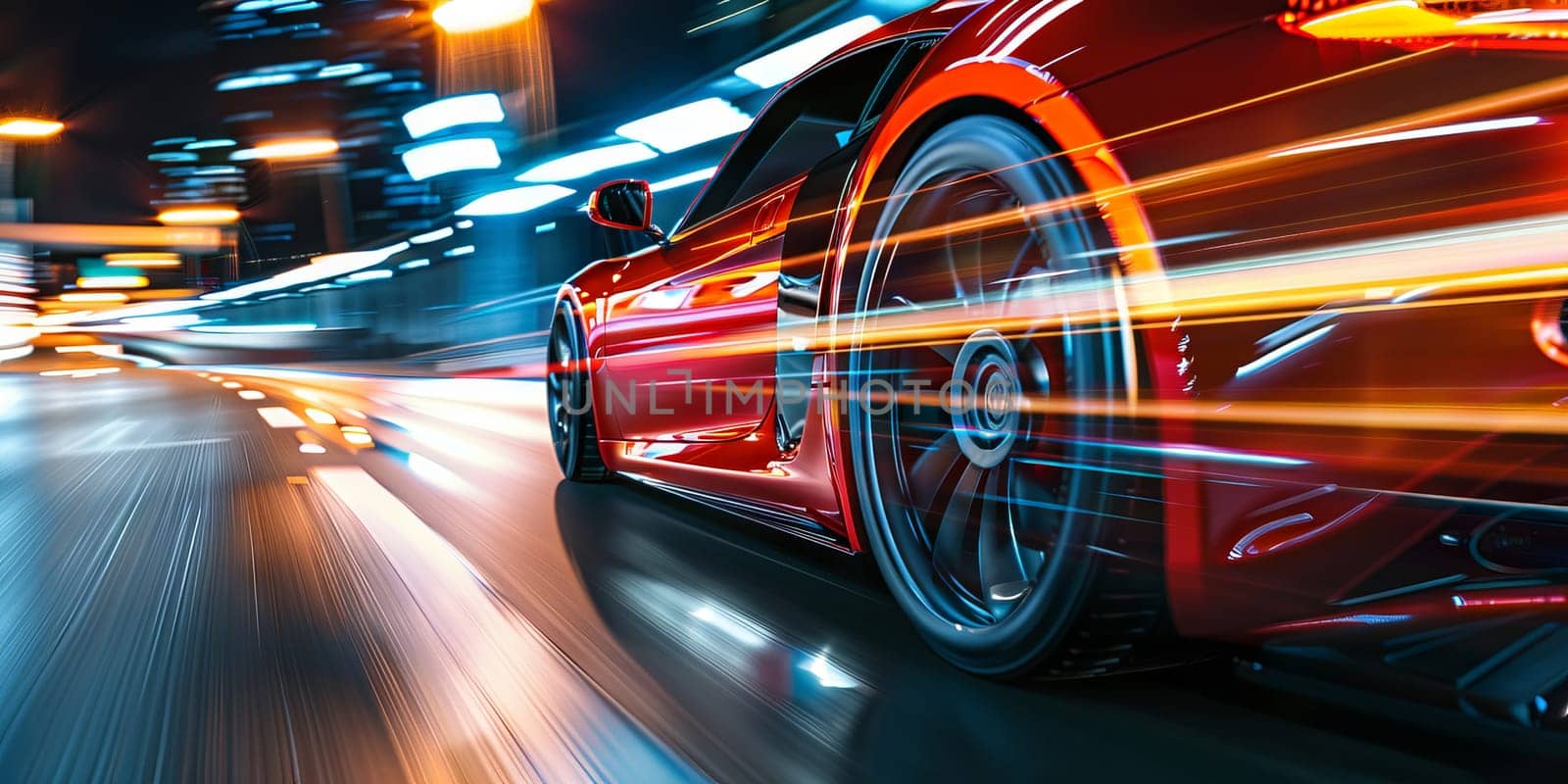 A red sports car is speeding down a road at night. Generative AI.