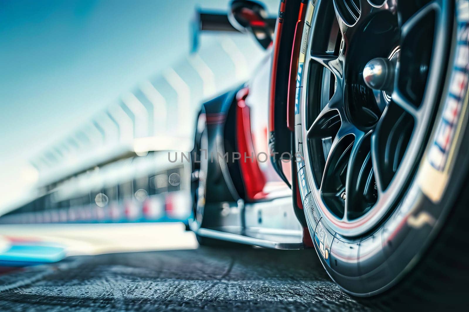 A close up of a racing car tire. Generative AI.