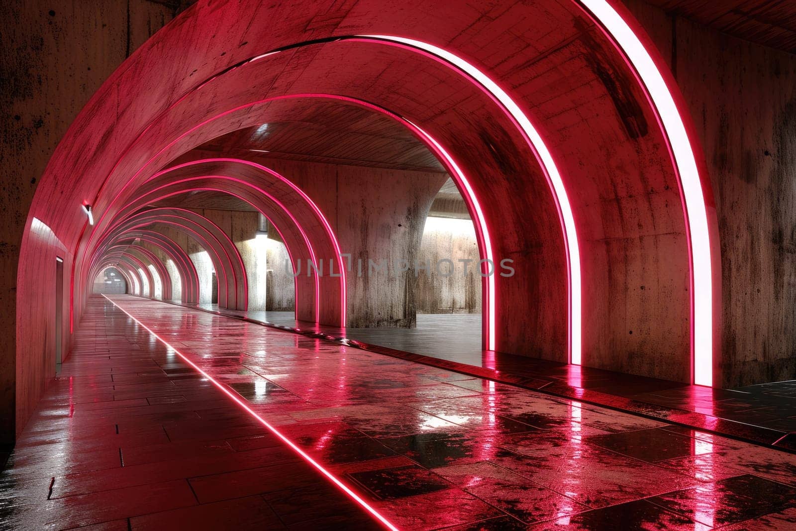 The great long red neon bright hallway that has been created from the concrete and the walkway reflect the red neon light from the tunnel that has the shape like arch and also shape like line. AIGX03.