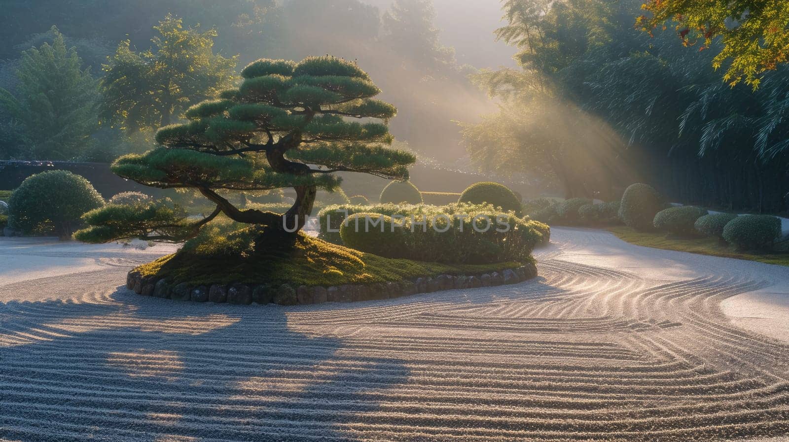 A beautiful sunrise illuminates a Japanese Zen garden, highlighting the elegant forms of meticulously maintained bonsai trees. Resplendent.