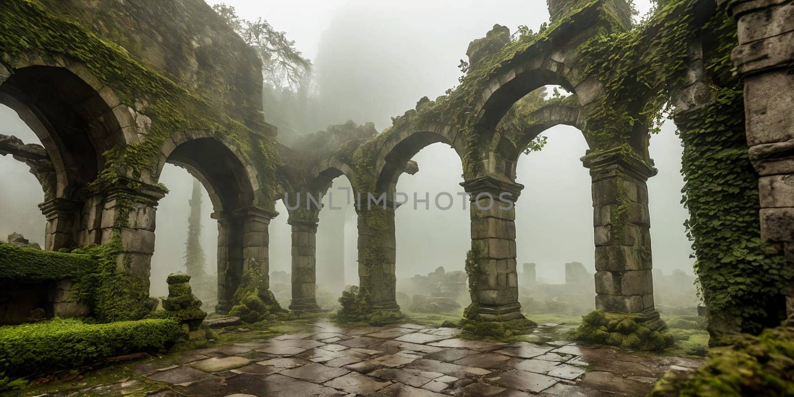 Mist-Clad Ruins. The remnants of an ancient castle, shrouded in mist. Ivy-clad walls crumble gracefully, and forgotten statues guard the entrance.