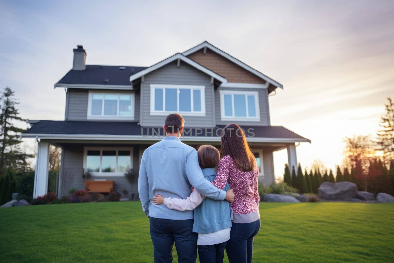 young couple happy in front of their new home to start new life. Generative Ai.