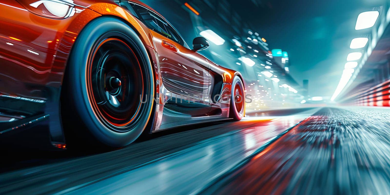 A car is speeding down a road with a bright orange wheel. Generative AI.