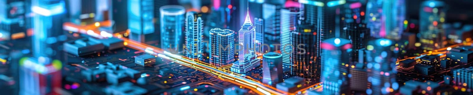 A conceptual visualization of a smart city with glowing structures on a digital circuit board, symbolizing urban technology integration concept. AIG41