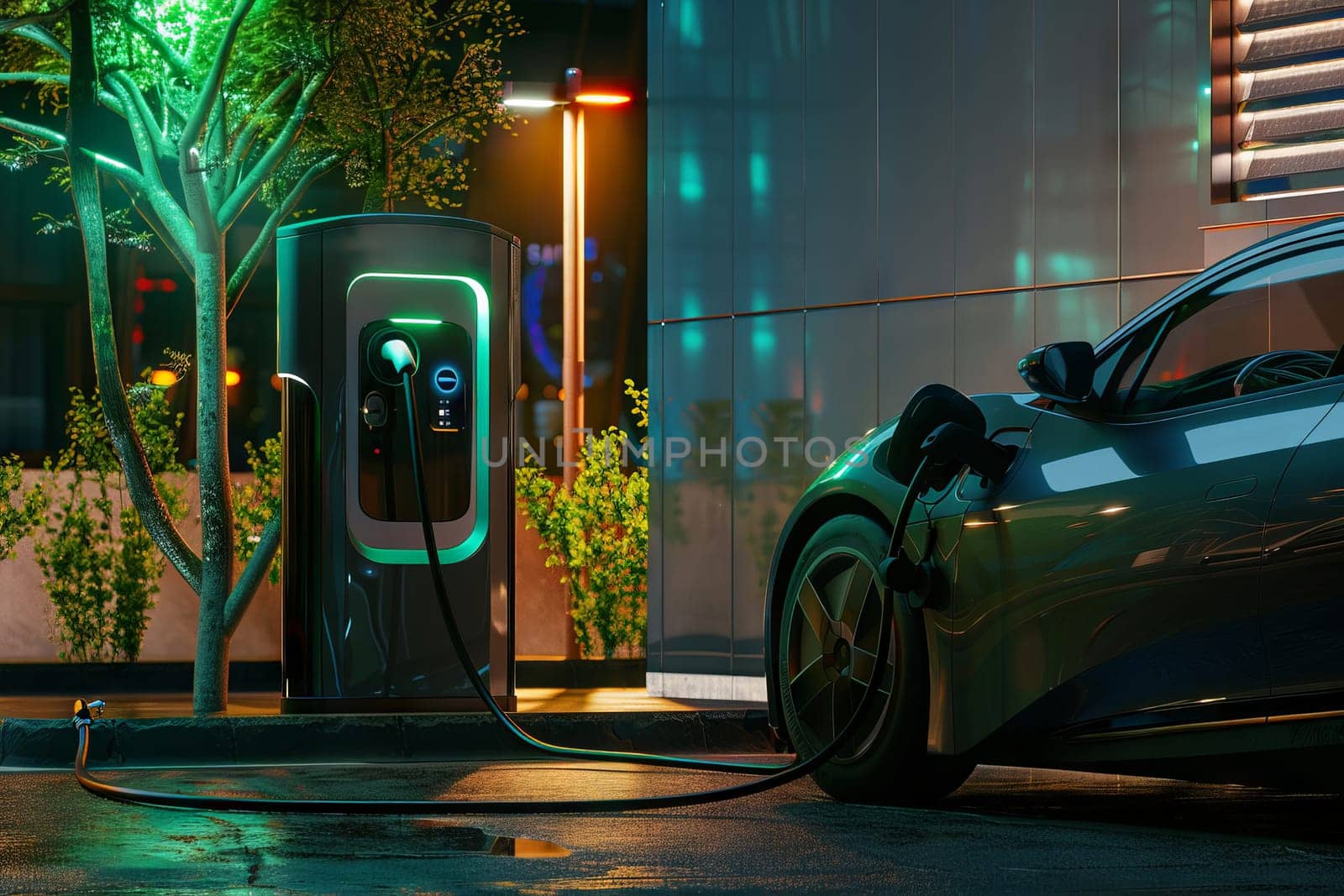 A car is parked next to a charging station. Generative AI by nateemee